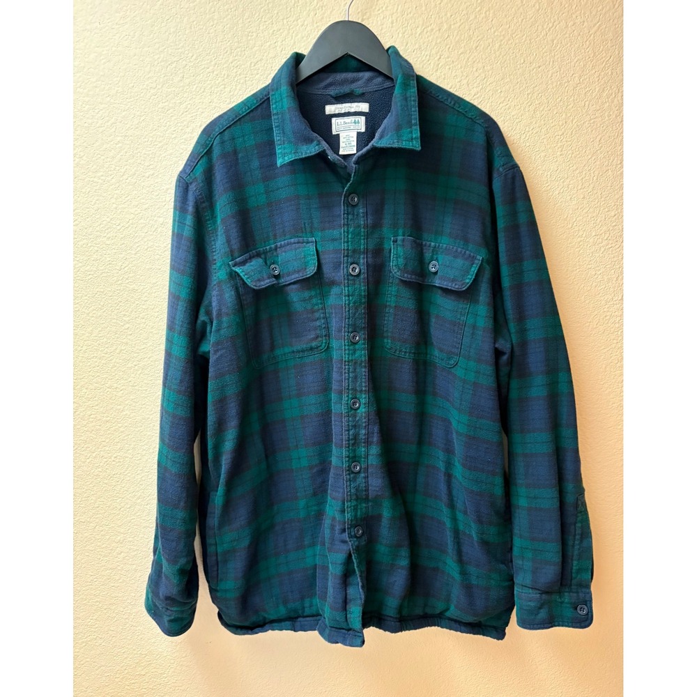 LL Bean Fleece Lined Flannel Shirt Mens XL Black Watch Plaid Cotton Jacket